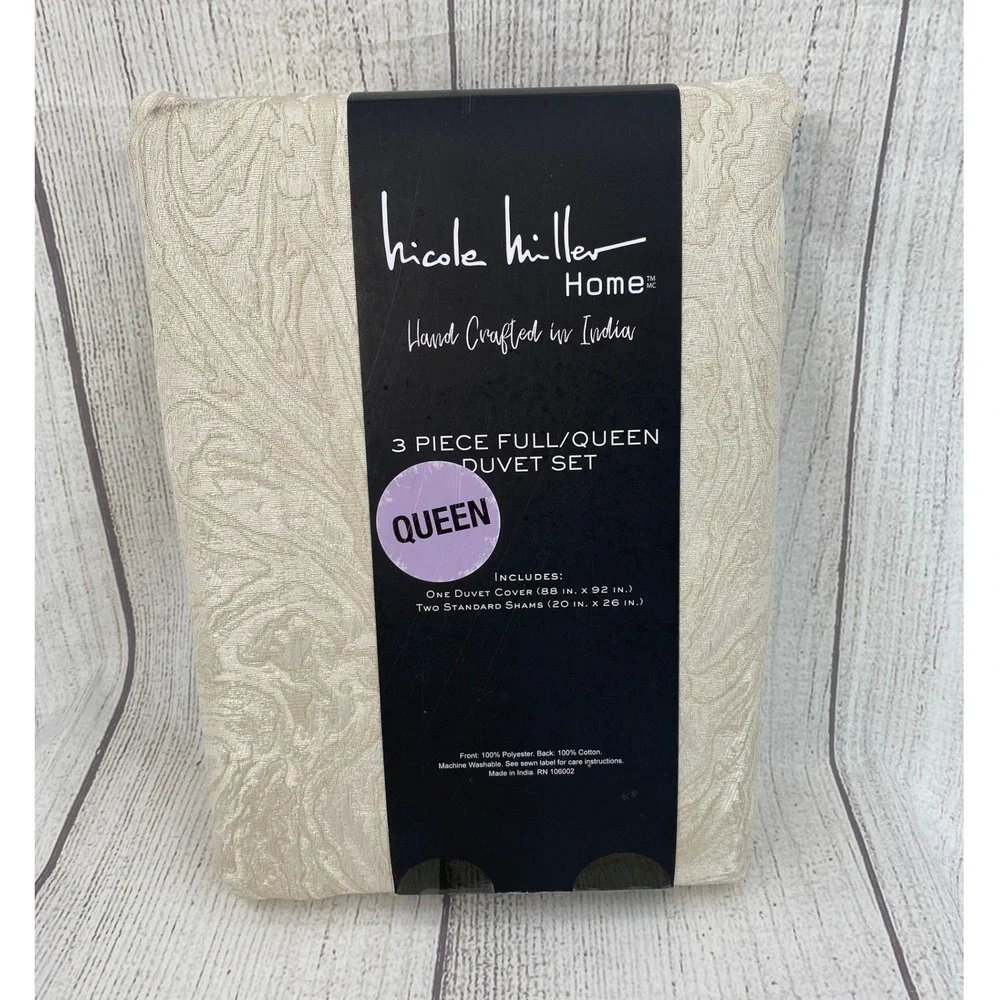 Nicole Miller Home Duvet Set Queen Full Cream Marble Jacquard Champagne Modern